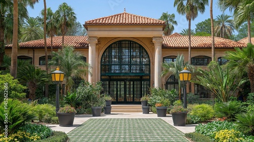 luxury villa front view with tropical plants and path