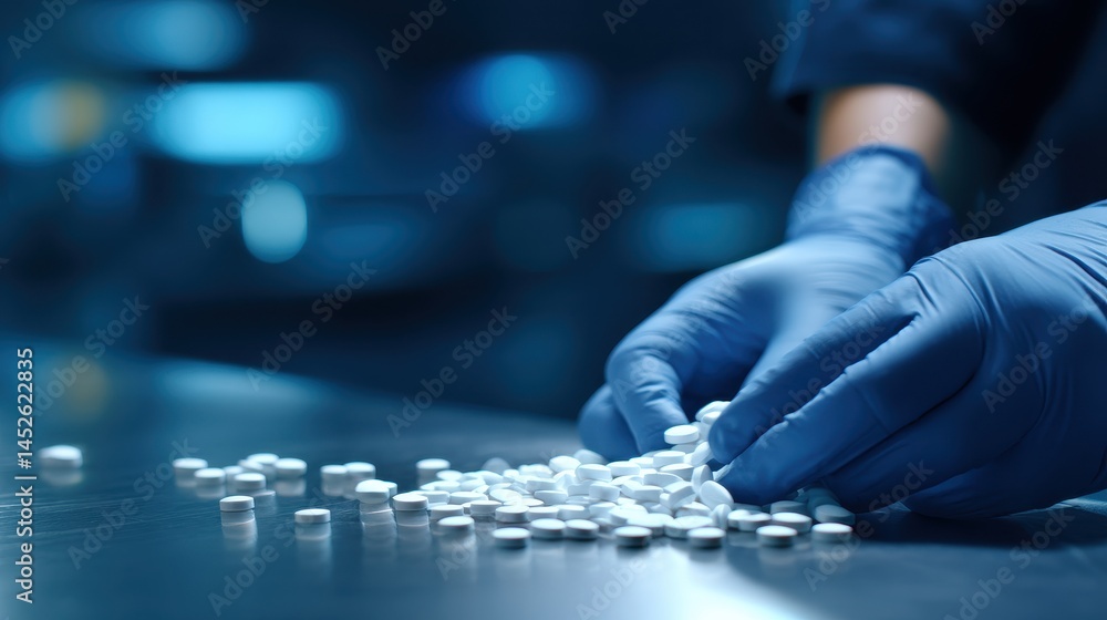 Close-up of gloved hands sorting white pills on a reflective surface in a clinical setting Close-up of gloved hands sorting white pills on a reflective surface in a clinical setting
