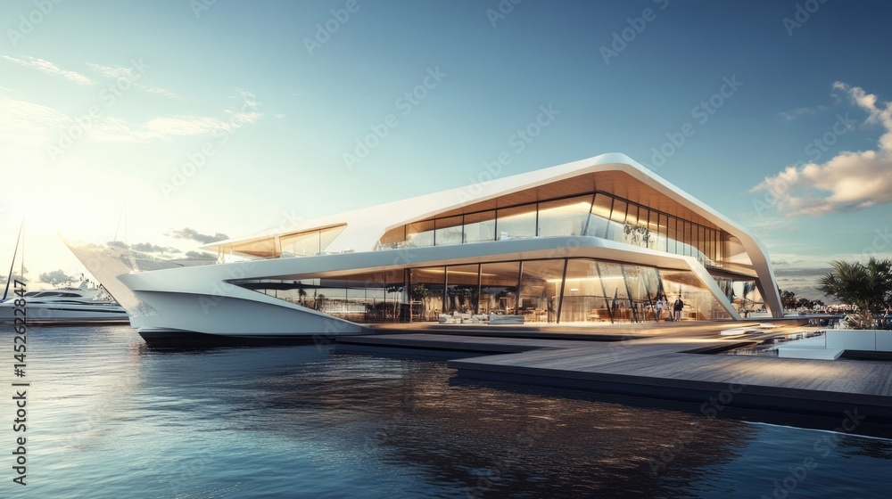 Fototapeta premium Luxury Yacht House at Sunset: Modern Architecture, Waterfront Living