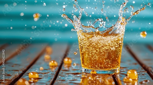 Golden Liquid Splashing in Glass on Rustic Wood