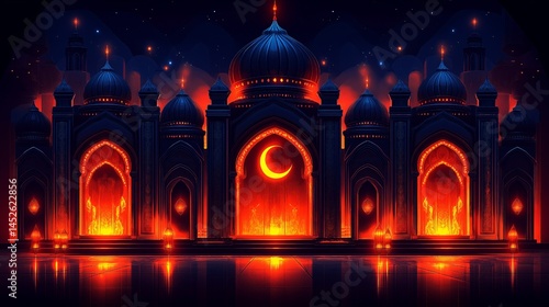 glowing mosque illuminated at night with crescent moon