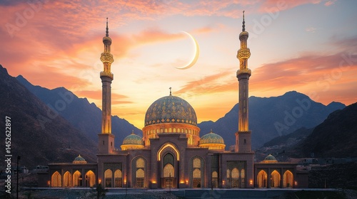 mosque with crescent moon at sunset in mountains