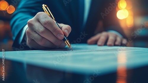 closeup of man signing document with pen in office light
