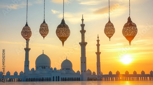 sunset view of mosque with hanging lanterns