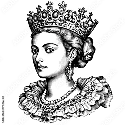 Vintage queen portrait, woodcut engraving vector, old sketch style, trendy royal lady, antique monarch art, historic empress, retro queen figure, classic etching line art