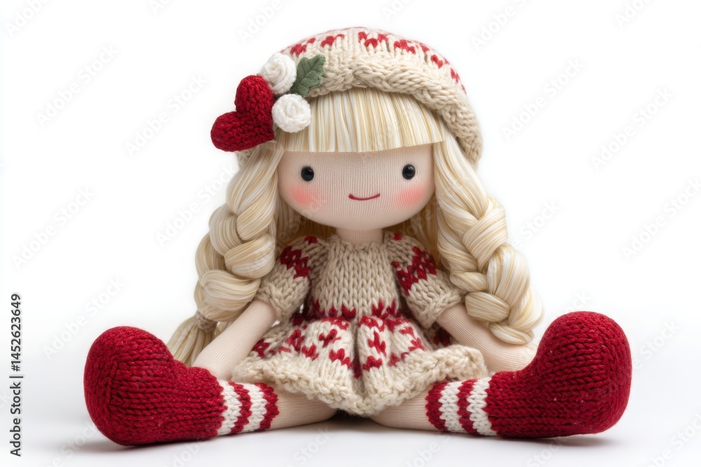 Knitted Rag Doll with Blonde Braid in Red and White Outfit on White Background Knitted Rag Doll with Blonde Braid in Red and White Outfit on White Background