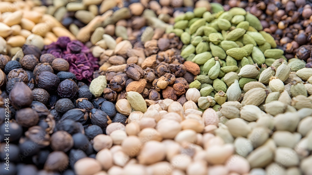 Fototapeta premium Assorted Spices and Seeds Collection, Closeup of Diverse Aromatic Grains