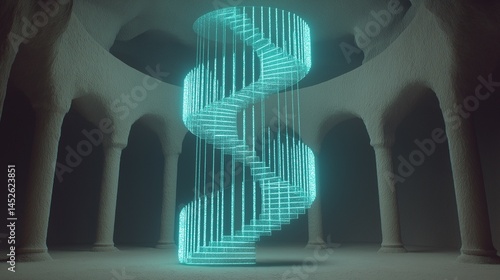 glowing digital dna strand sculpture in dark hallway
