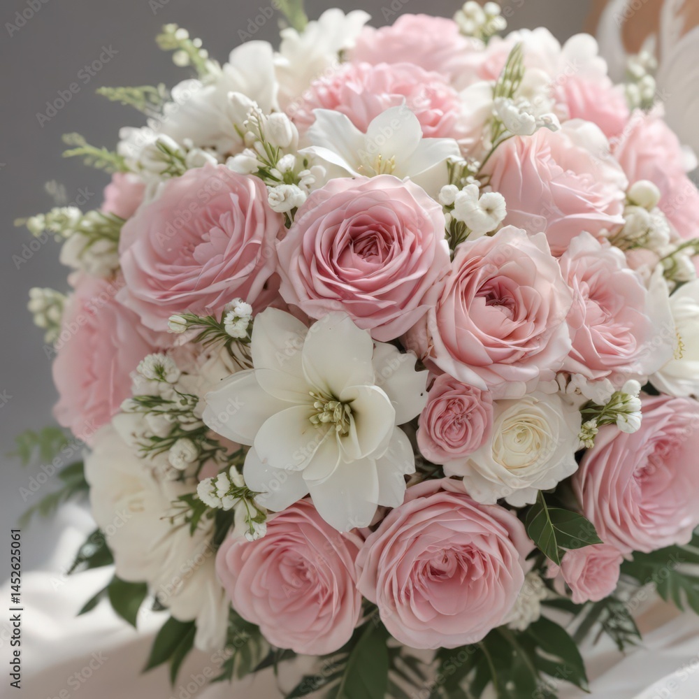 Obraz premium Delicate pink and white bridal bouquet, close-up, romantic, wedding photography