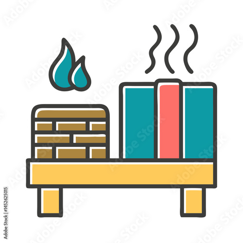 Sauna essentials with fire and steam on a wooden table  