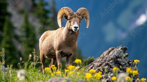 Obraz na płótnie A ram with horns stands in a field of yellow flowers w salonie
