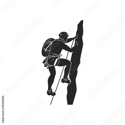 Climbing Man Silhouette On Cliff With Helmet and Ropes on Transparent Background