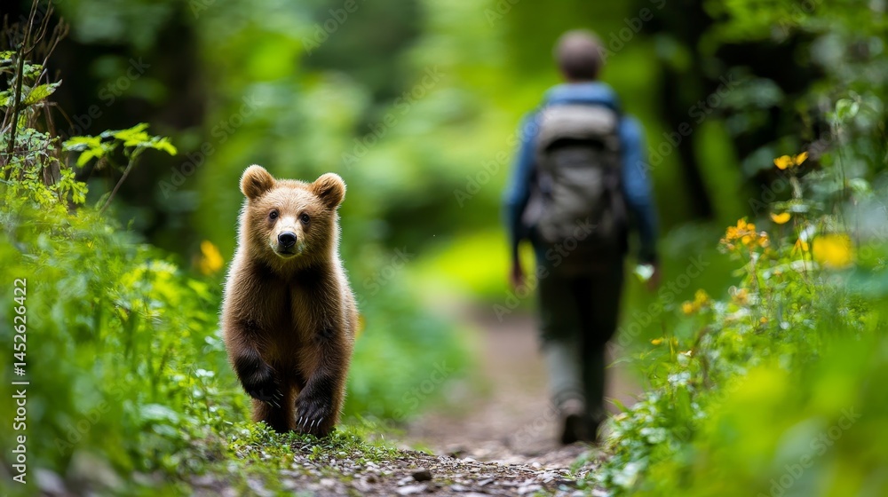A young brown bear is walking down a path with a backpack on a man's back