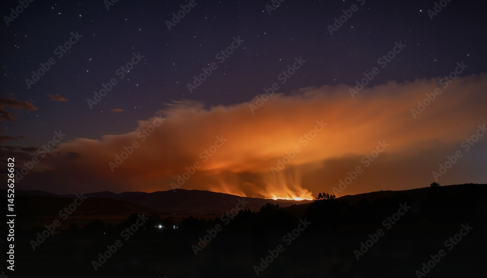 Obraz premium Night sky with smoke and fire illuminating mountain landscape 