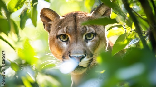 A cat is peeking out from behind some leaves