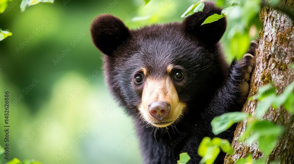 A baby bear is peeking out from behind a tree