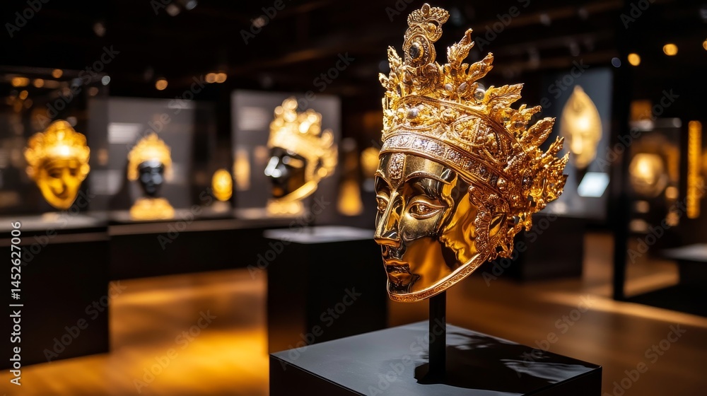 A gold mask is displayed in a museum