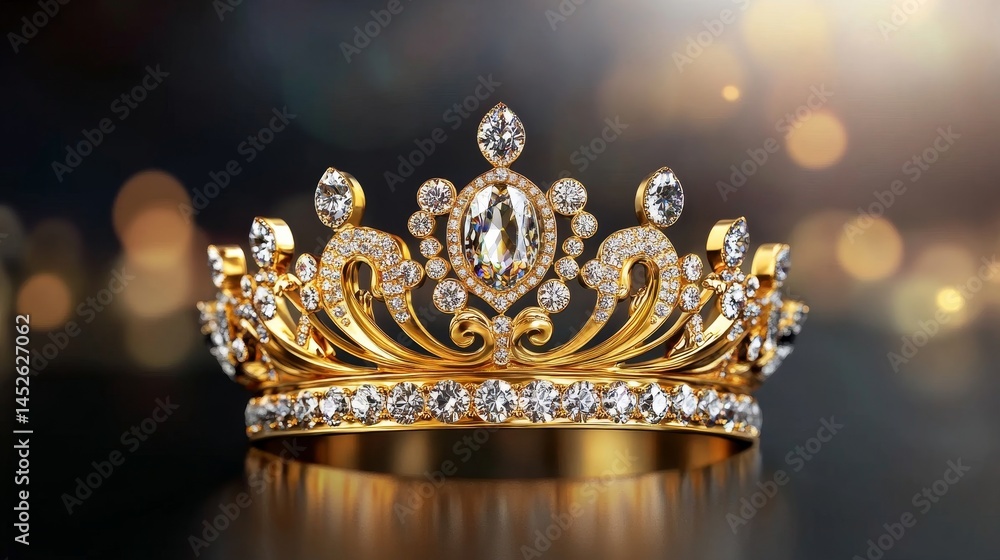 A gold and diamond tiara with a diamond in the center