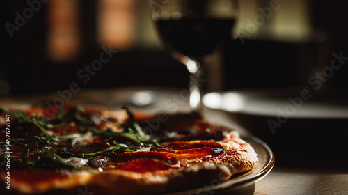 Wallpaper Mural A delicious pizza paired with a field glass of wine on a restaurant table, perfect for delectation Torontodigital.ca