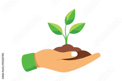 Sprout in hand. Young seedling in handbreadth. Vector illustration of plant new life symbol