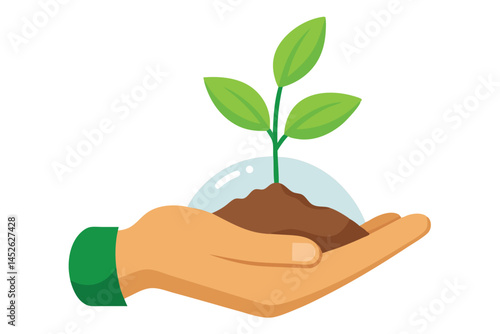 Sprout in hand. Young seedling in handbreadth. Vector illustration of plant new life symbol