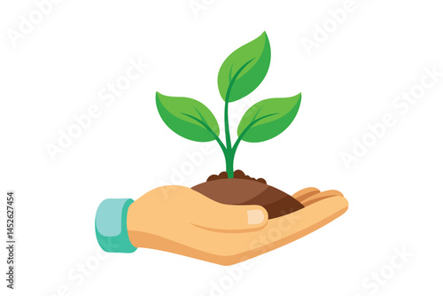 Sprout in hand. Young seedling in handbreadth. Vector illustration of plant new life symbol