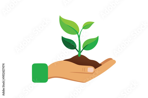 Sprout in hand. Young seedling in handbreadth. Vector illustration of plant new life symbol