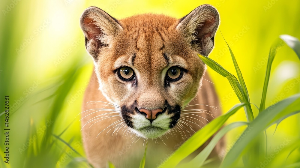 A baby puma is looking at the camera