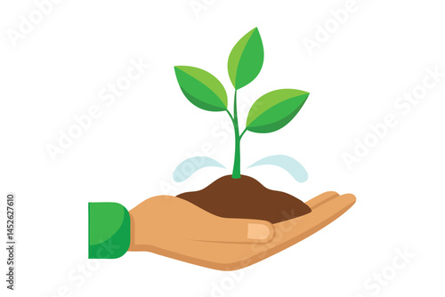 Sprout in hand. Young seedling in handbreadth. Vector illustration of plant new life symbol