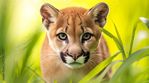 A baby puma is looking at the camera