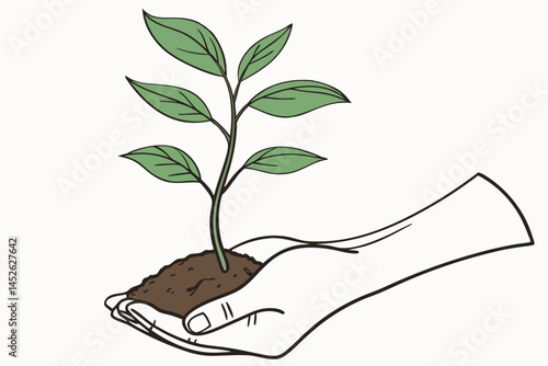 Sprout in hand. Young seedling in handbreadth. Vector illustration of plant new life symbol