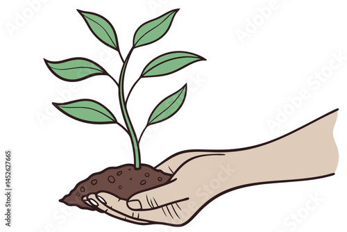Sprout in hand. Young seedling in handbreadth. Vector illustration of plant new life symbol