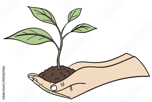 Sprout in hand. Young seedling in handbreadth. Vector illustration of plant new life symbol