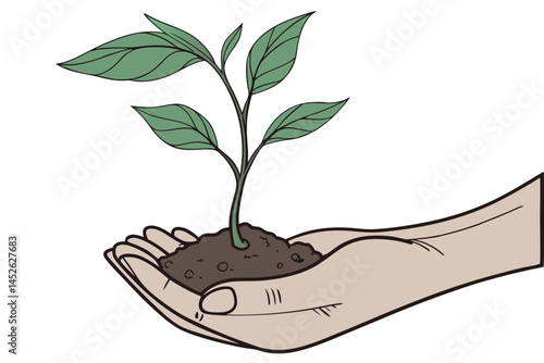 Sprout in hand. Young seedling in handbreadth. Vector illustration of plant new life symbol