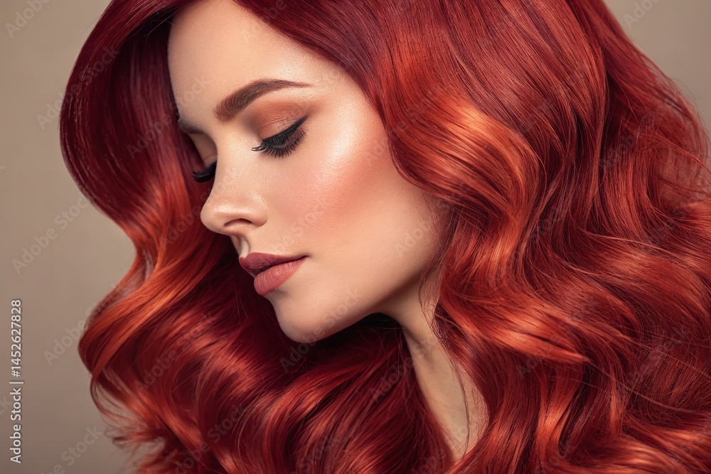 Fototapeta premium Beautiful woman with rich red wavy hair and a perfect makeup look, a fashion portrait.