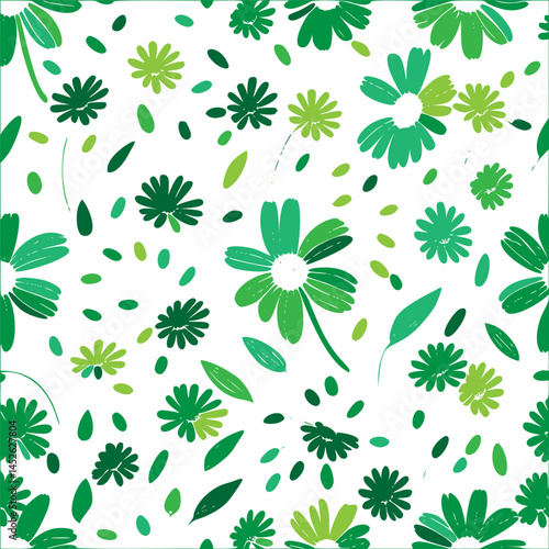 Seamless floral pattern with varying shades of green on white background
