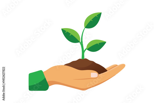 Sprout in hand. Young seedling in handbreadth. Vector illustration of plant new life symbol