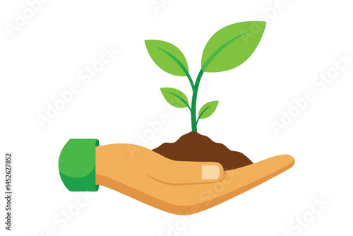 Sprout in hand. Young seedling in handbreadth. Vector illustration of plant new life symbol