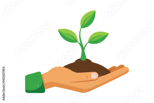 Sprout in hand. Young seedling in handbreadth. Vector illustration of plant new life symbol