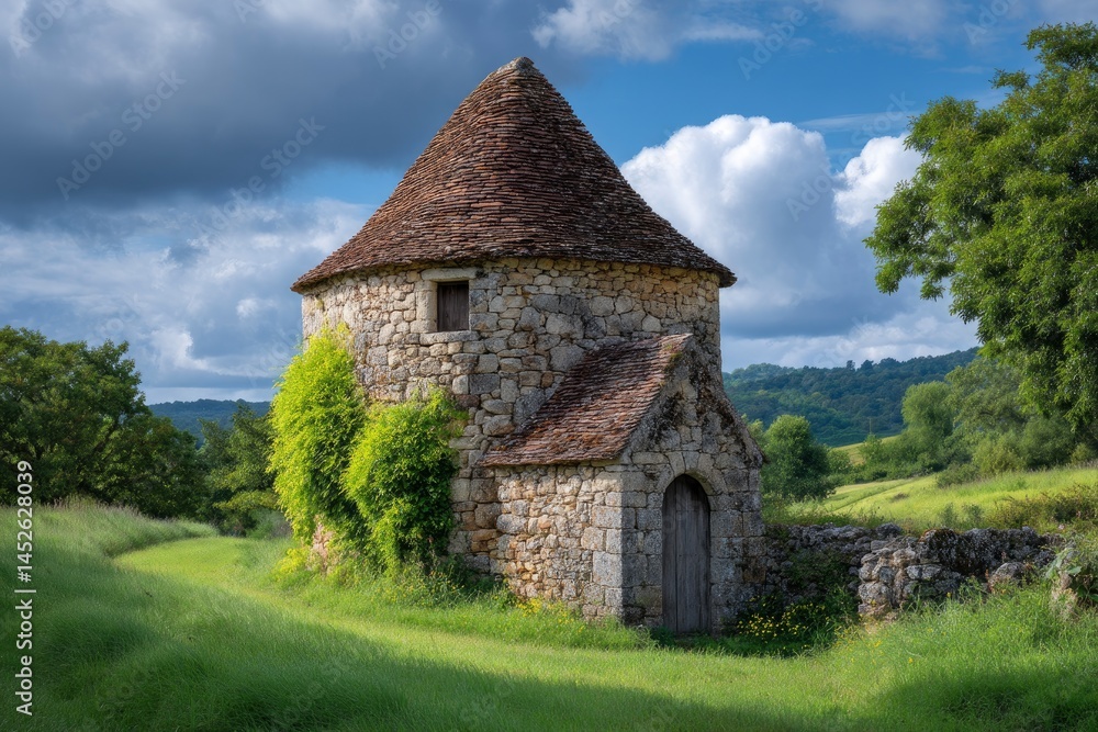 Fototapeta premium Stone Tower in Green Field, Rural Landscape