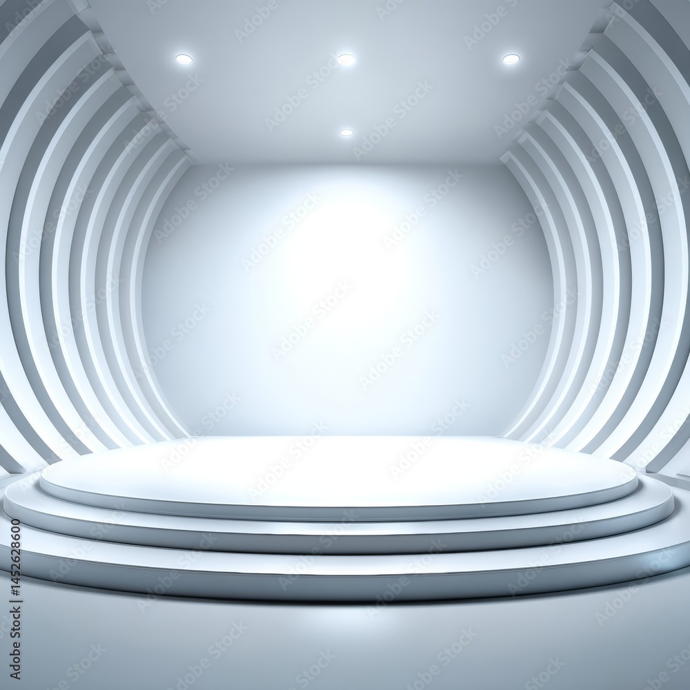Obraz premium Empty White Stage with Round Platform and Arches, Product Display Mockup