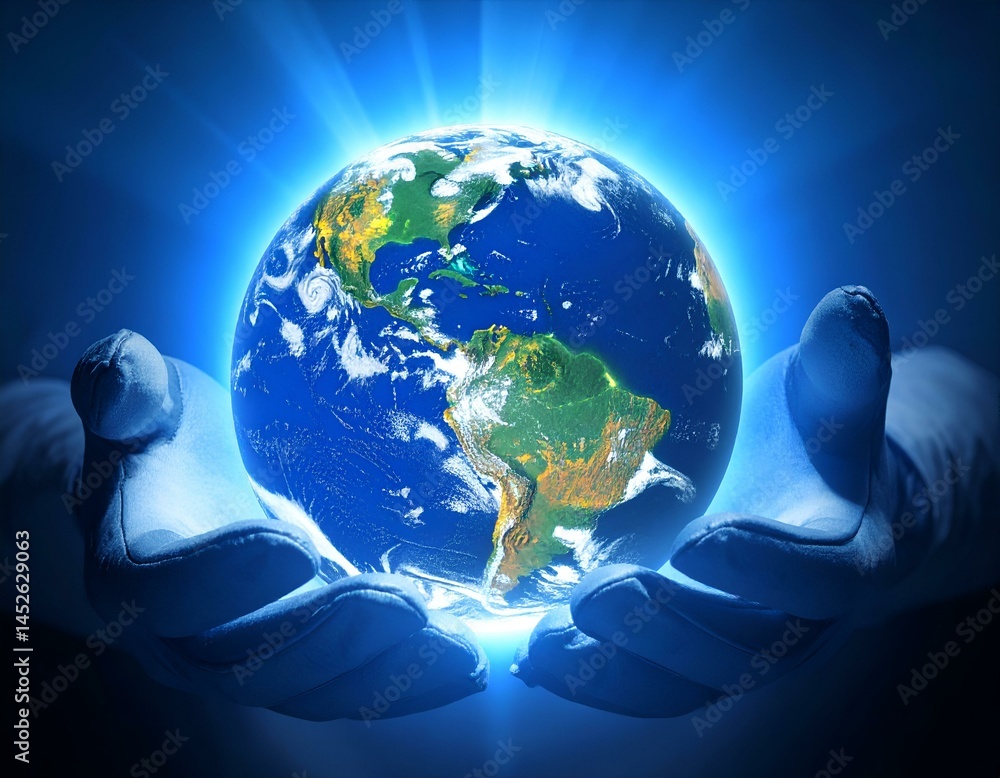 Obraz premium Gloved hands gently cradle a luminous Earth, symbolizing care for our planet. Perfect for environmental awareness campaigns or global unity themes.