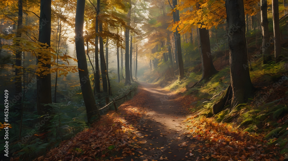 Fototapeta premium Peaceful Forest Trail in Autumn with Colorful Leaves and Warm Sunlight