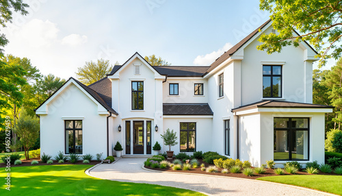 Modern white house facade surrounded by lush greenery  