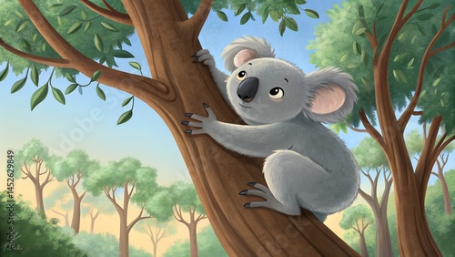 Cute grey Australian mammal koala sits on a green tree branch in its wild nature