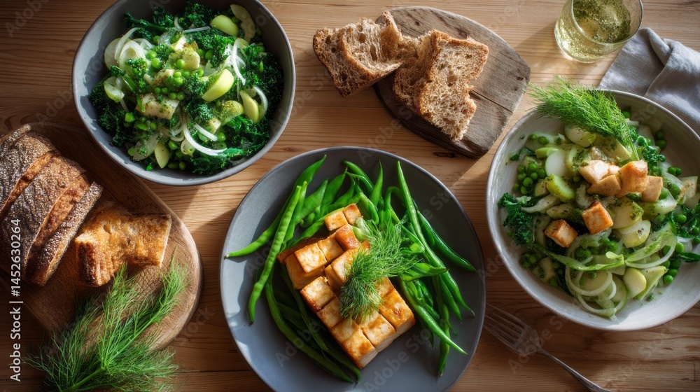 This delightful dinner showcases vibrant seasonal vegetables, including greens and fresh herbs, accompanied by grilled tofu and crusty whole grain bread. A refreshing drink completes the meal This delightful dinner showcases vibrant seasonal vegetables, including greens and fresh herbs, accompanied by grilled tofu and crusty whole grain bread. A refreshing drink completes the meal