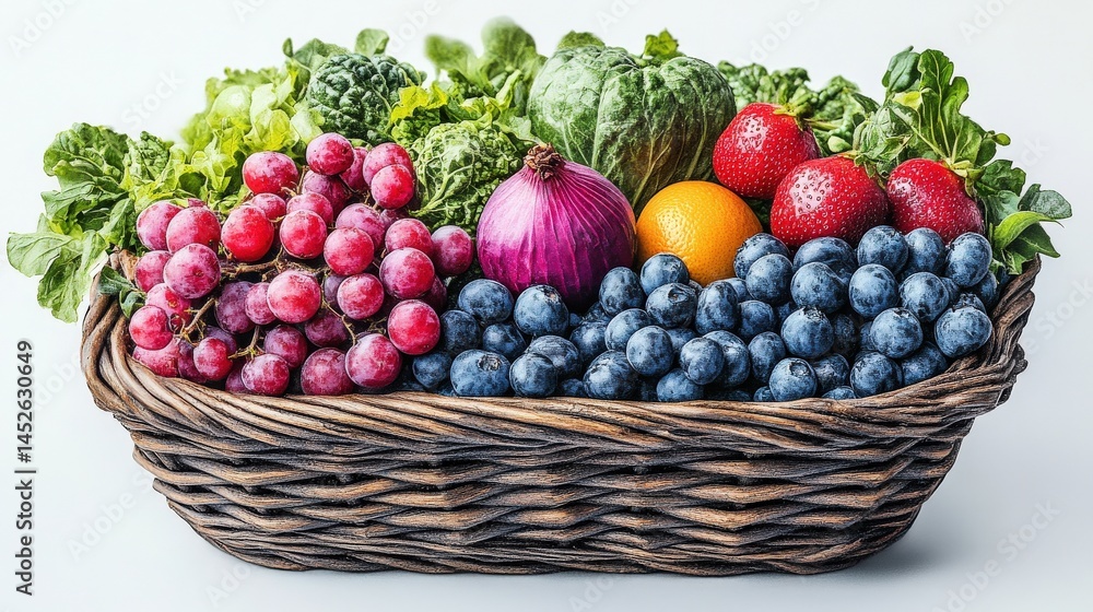 A vibrant basket filled with fresh fruits and vegetables, showcasing colorful produce and greens A vibrant basket filled with fresh fruits and vegetables, showcasing colorful produce and greens