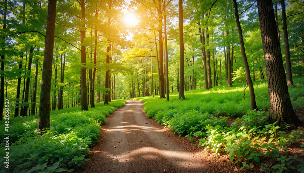 Obraz premium Serene forest pathway illuminated by sunlight 