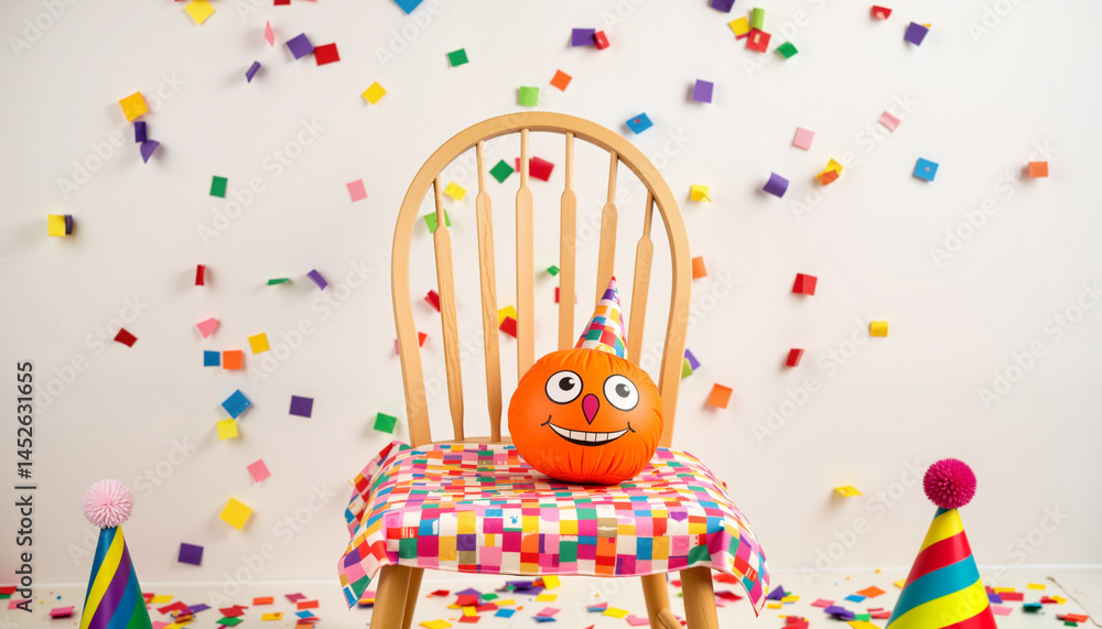 Obraz premium Colorful Halloween pumpkin with party hat on chair against confetti background 
