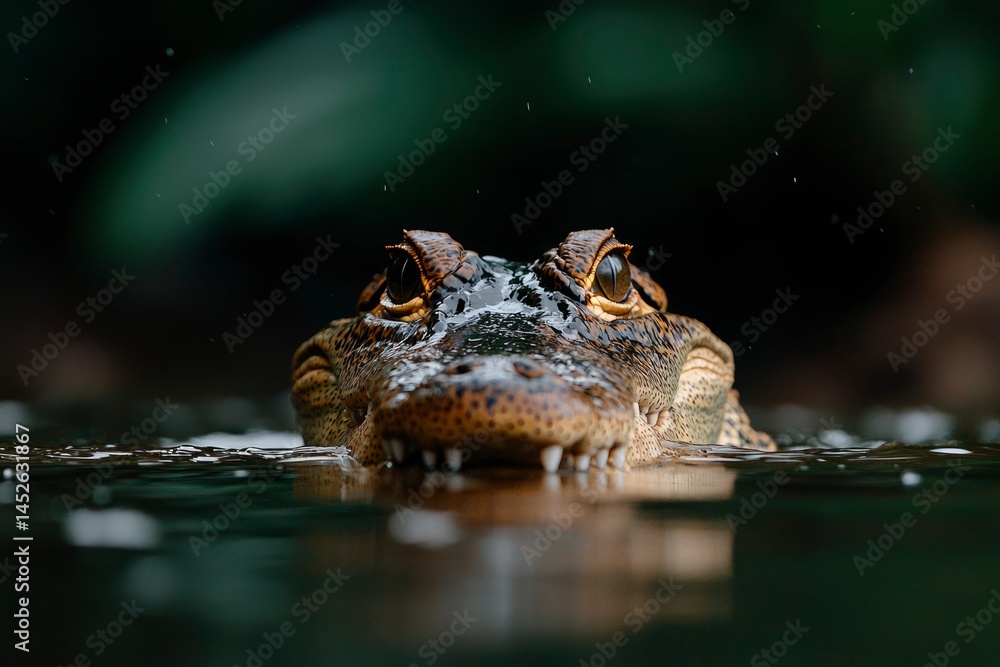Obraz premium Intense eyes of a caiman emerge from dark waters, surrounded by lush greenery